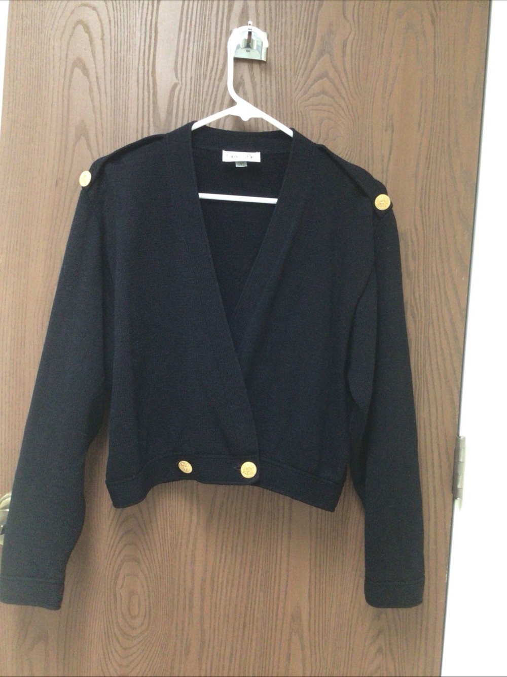 St. John black wrap cardigan Gold Buttons, epaulettes, Santana knit, sz M